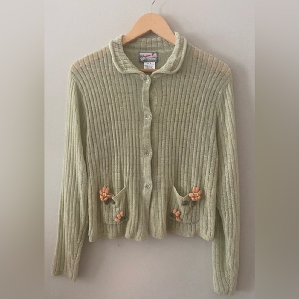 April Cornell green Cardigan floral floret buttons size S pristine condition - Picture 1 of 13
